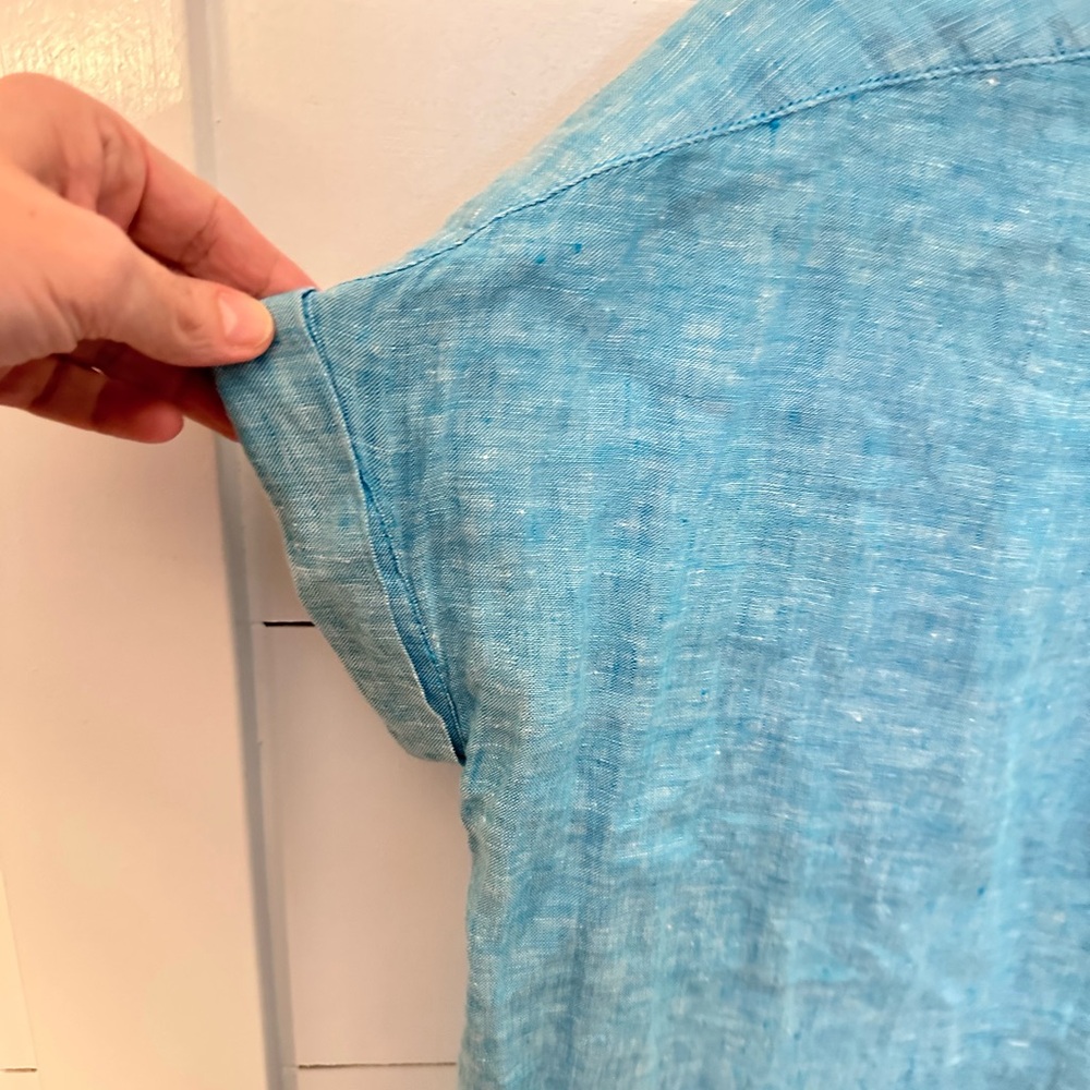 TAHARI S 100% Linen short sleeve blue camp blouse cottagecore Lagonlook coastal - Picture 3 of 10